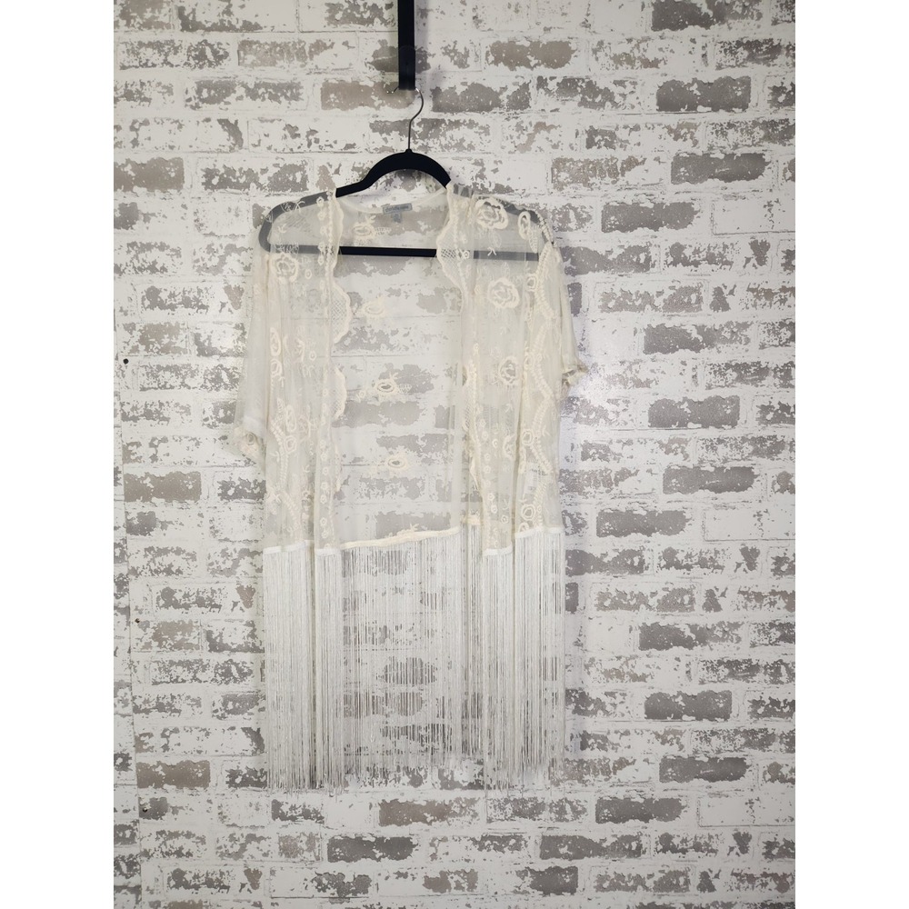 Beautiful Lace Floral Embroidered Fringe Duster XS Ivory Resortwear‎ Wedding